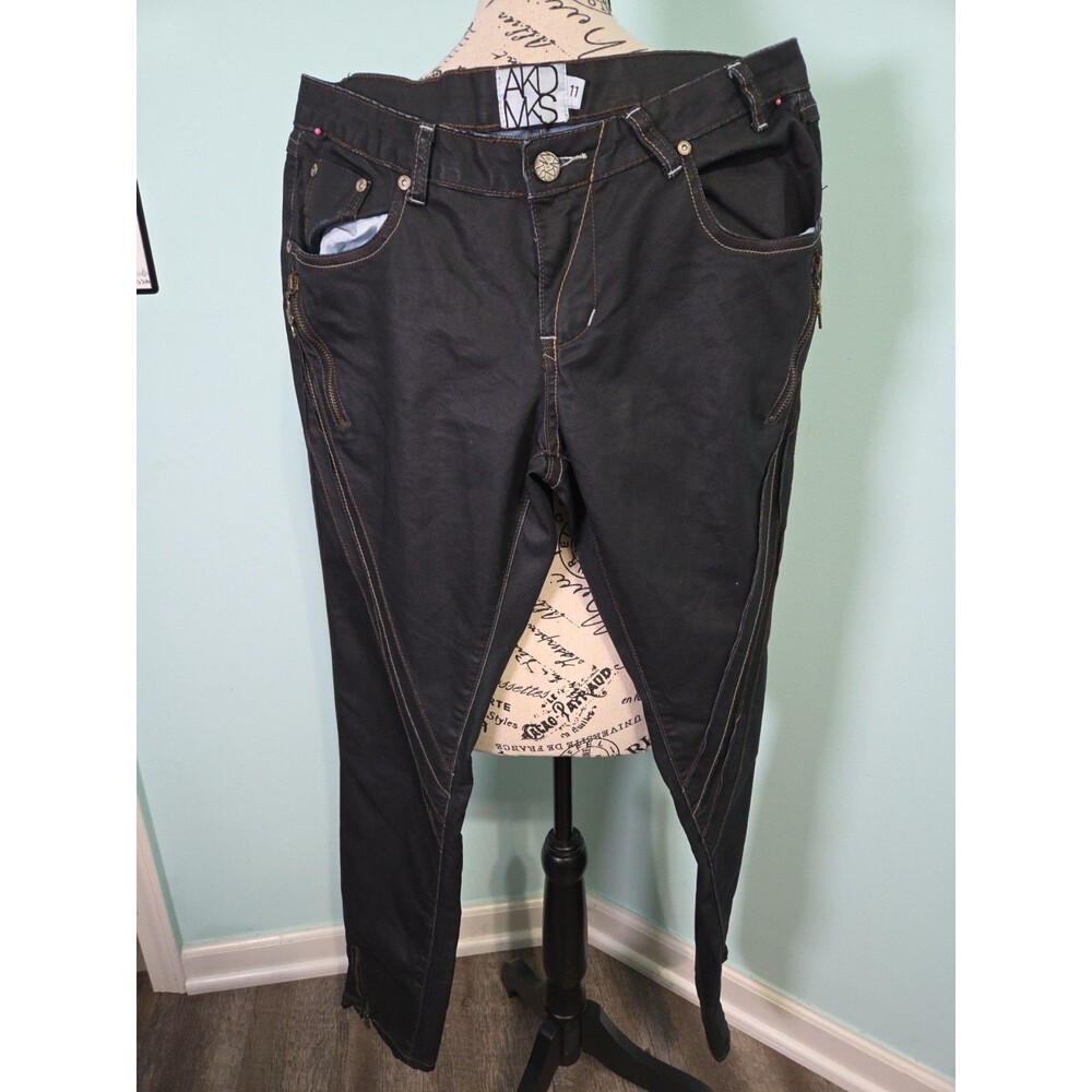 AKDMKS black Denim Zip ankle Embroidered Rhinestone Women's 11 grunge Y2k